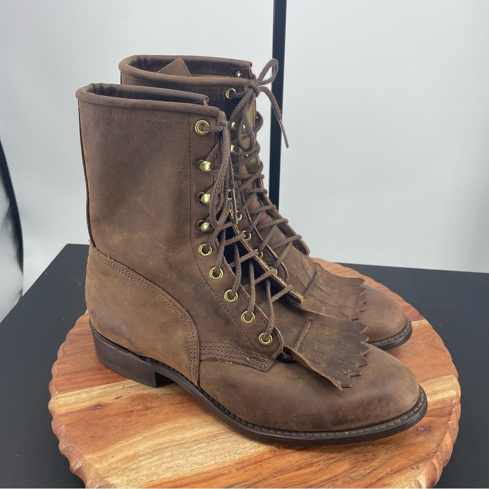 Vtg‎ Packer Lace Up Western kiltie Work brown Leather Mens Boots 7.5 EW wide